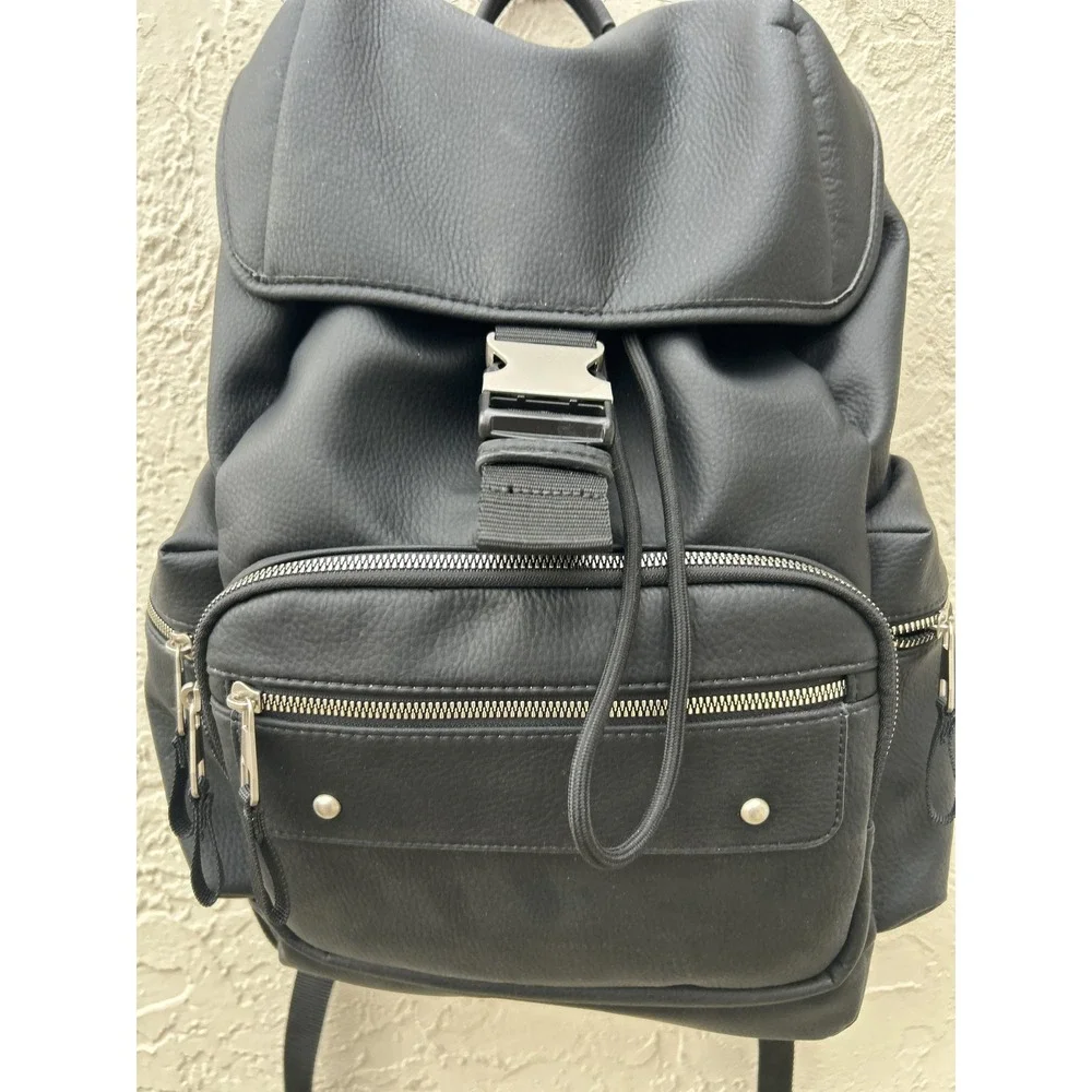 Black Pebbled Faux Leather Buckle Drawstring Backpack Utility Bag